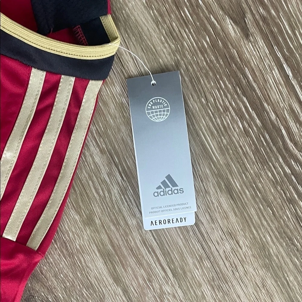 NWT Adidas ATL Atlanta United Red, Black Striped Soccer Jersey, Gold Accents SM